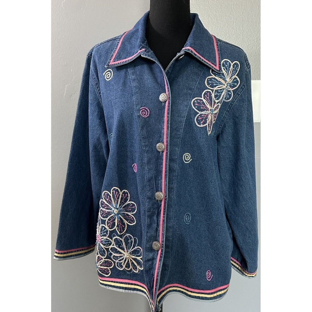 Floral Blue Jean Denim Shirt Jacket Size L Keren Hart Embroidered Shacket Blazer